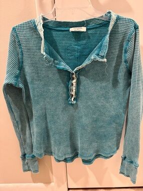 Zenana Outfitters Teal Waffle-Knit Long Sleeve Henley